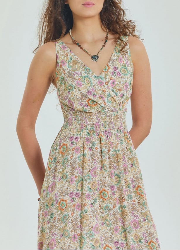 Double Breasted Collar Long Beige Dress with Slit from the Yoke 4561